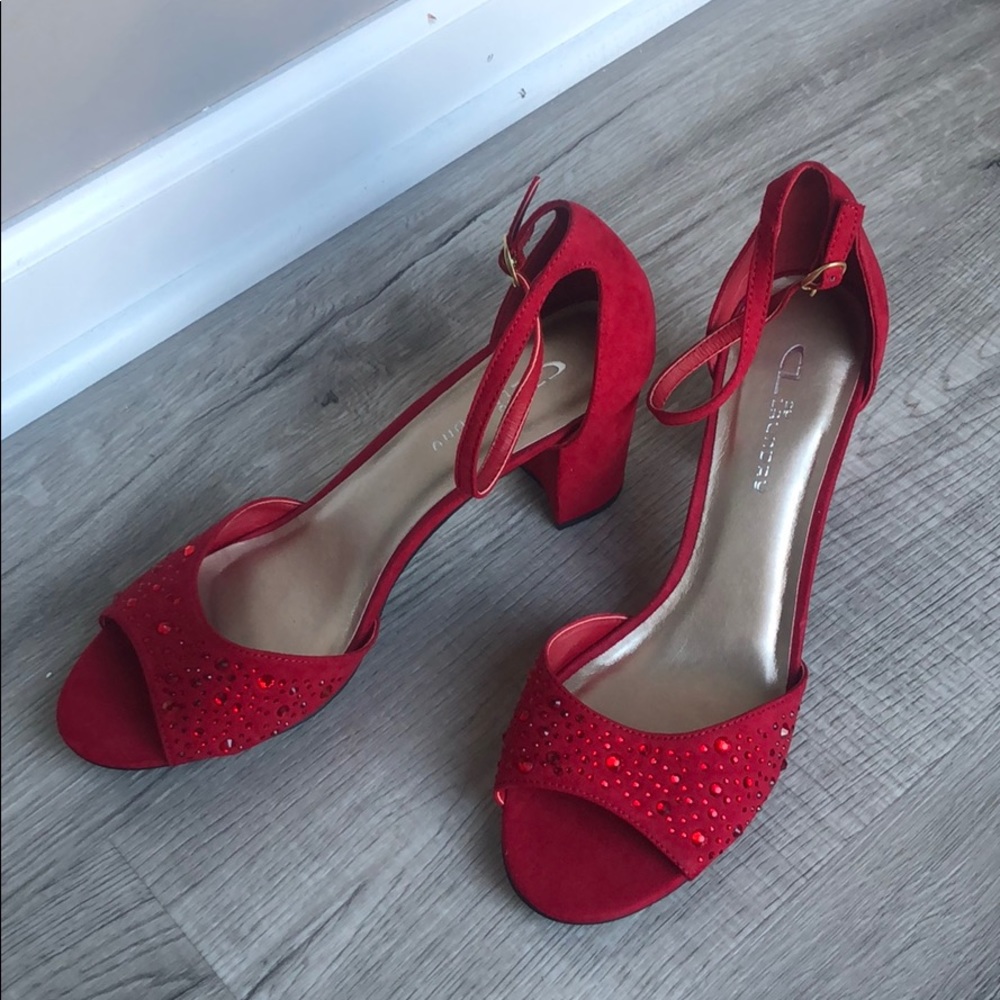 Red peep toe block heel